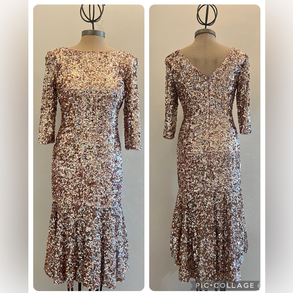 Adrianna papell 3/4 sleeves fully colorful sequins round neck midi dress - Picture 3 of 12